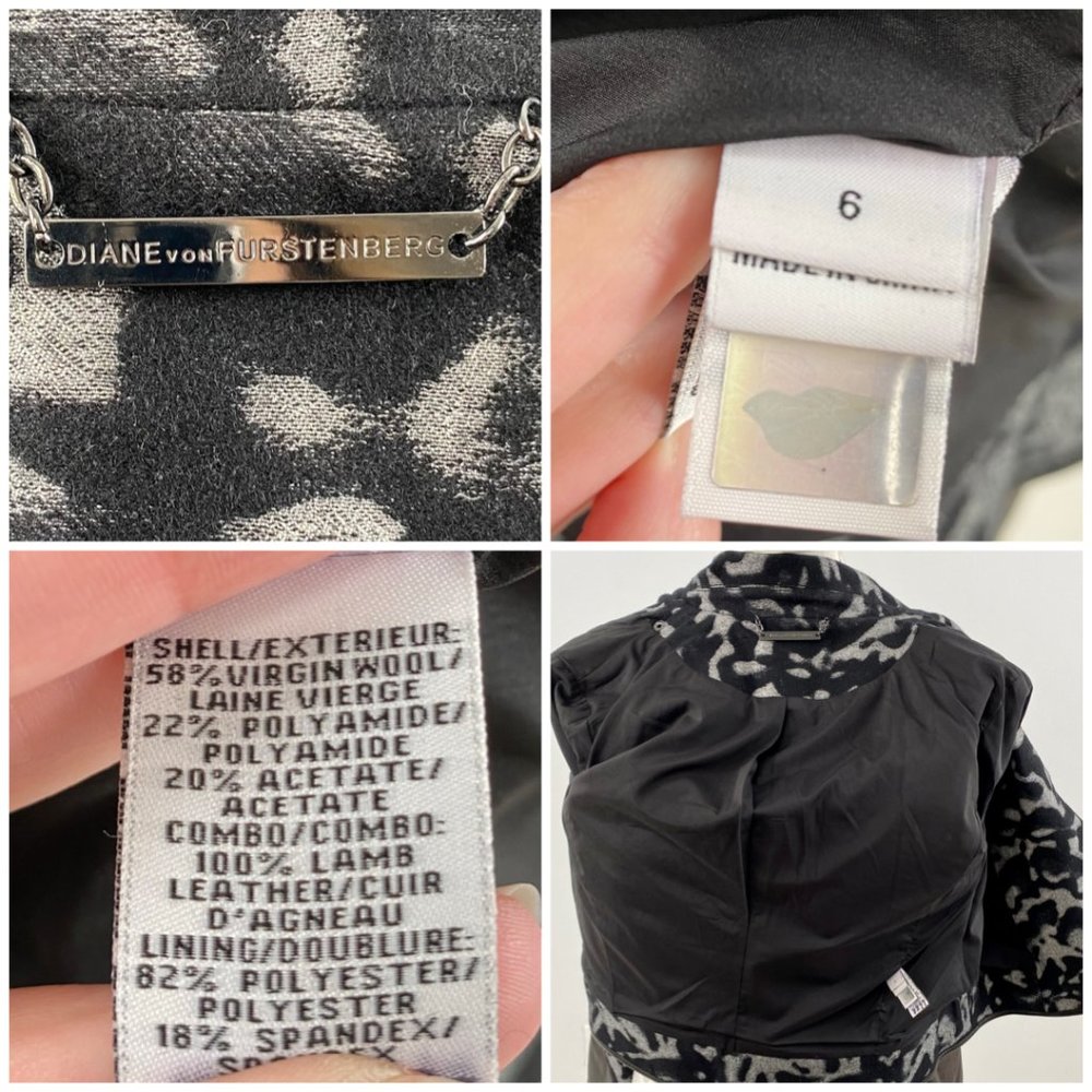 DVF Diane Von Furstenberg Jacket 6 S/M Moto Leather Wool Print Black Grey NWOT - Picture 14 of 15